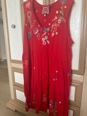 Johnny Was Red Embroidered Floral Maxi Dress